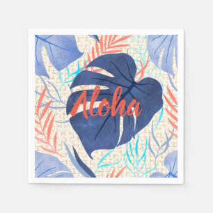 Maleah Monstera Tropical Hawaiian Watercolor- Blue Napkin