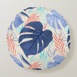 Maleah Monstera Tropical Hawaiian Watercolor- Blue Round Cushion