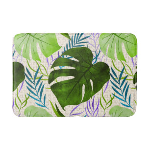 Maleah Monstera Tropical Hawaiian Watercolor-Green Bath Mat