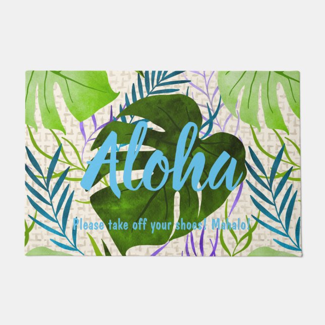 Maleah Monstera Tropical Hawaiian Watercolor-Green Doormat (Front)