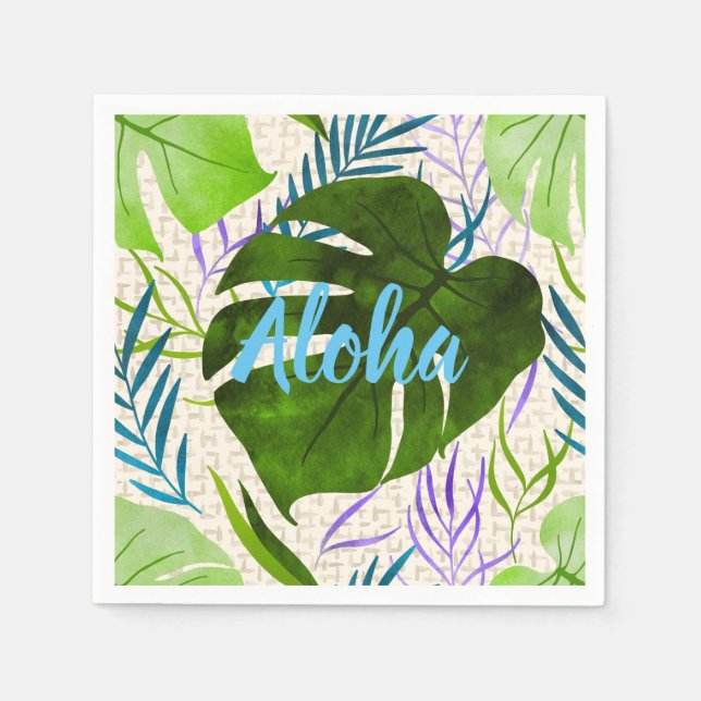 Maleah Monstera Tropical Hawaiian Watercolor-Green Napkin (Front)