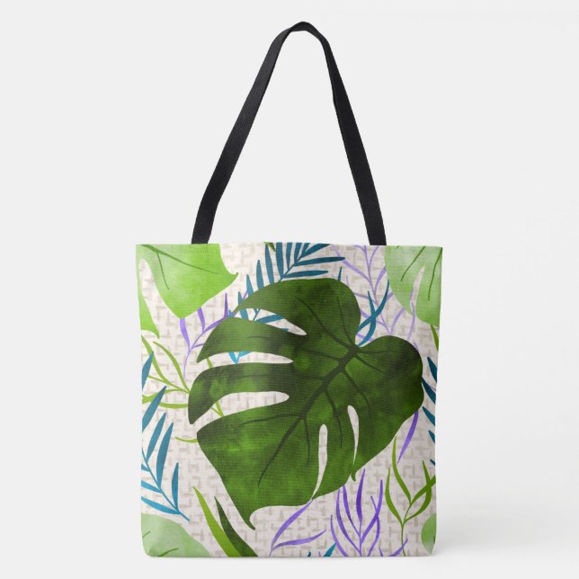 Maleah Monstera Tropical Hawaiian Watercolor-Green Tote Bag (Front)