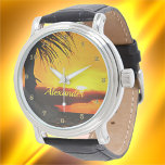 Malecon Sunset 2441 Watch<br><div class="desc">Painting "Malecon Sunset 2441" Collection The Men's Vintage Leather Watch is a big-faced timepiece that will never go out of style. Great for both formal and fun occasions. Personalize on the product page or click the "Customize" button for more design options. Design created from my painting "Malecon Sunset 2441" capturing...</div>