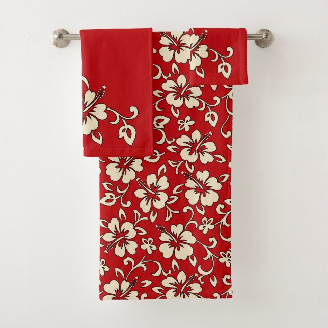 Malia Hawaiian Hibiscus Floral Coordinate - Red Bath Towel Set (Insitu)