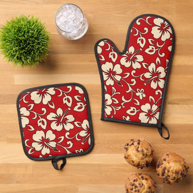 Malia Hawaiian Hibiscus Floral Red Oven Mitt & Pot Holder Set (Top Down)