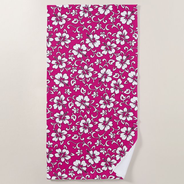 Malia Hawaiian Hibiscus Tropical Floral - Magenta Beach Towel (Front)