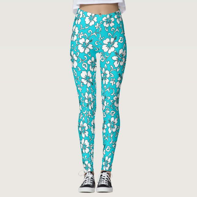 Malia Hibiscus Hawaiian Tropical Floral Leggings (Front)