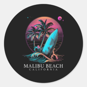 Malibu Beach California Surf Board Vintage Surfing Classic Round Sticker