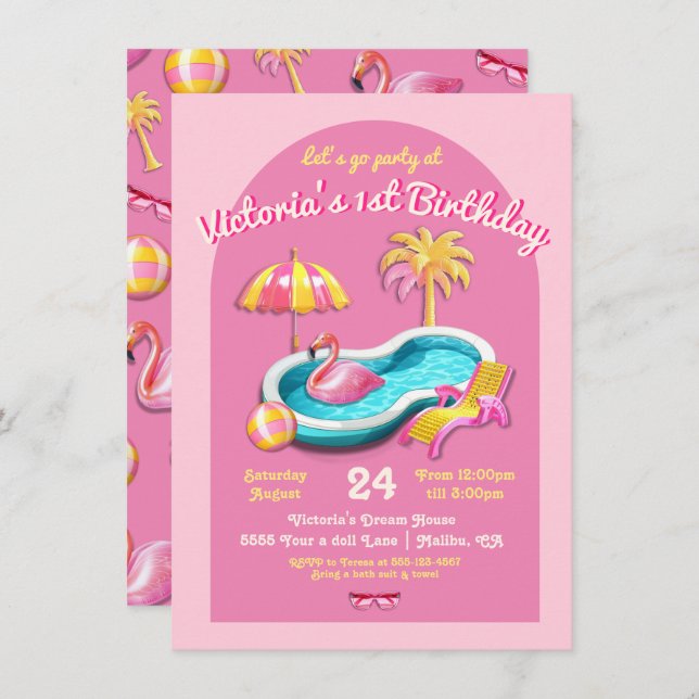 Malibu Beach Doll Retro Birthday Pool Party Invitation (Front/Back)