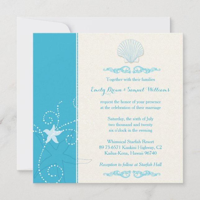 Malibu Blue Sea Shell Beach Wedding Invitation (Front)