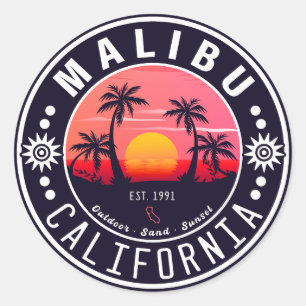Malibu Ca Retro Sunset Palm Trees Souvenirs 60s Classic Round Sticker
