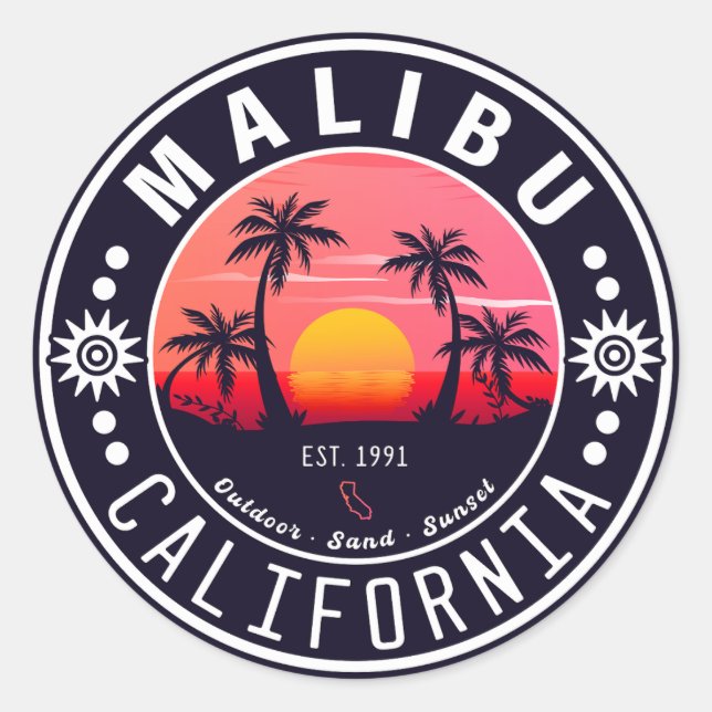Malibu Ca Retro Sunset Palm Trees Souvenirs 60s Classic Round Sticker (Front)