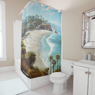 Malibu California Art Vintage Illustration Travel Shower Curtain