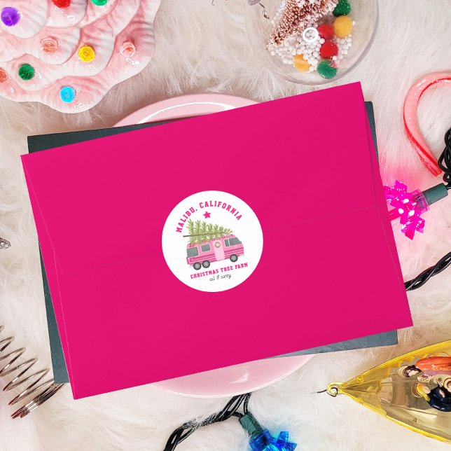 Malibu California Christmas Tree Farm Pink RV Classic Round Sticker (Creator Uploaded)