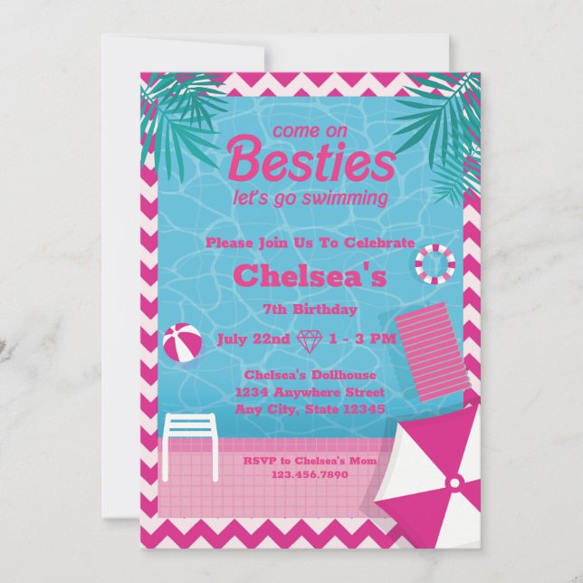 Malibu Doll Beach Pool Birthday Invitation (Front)