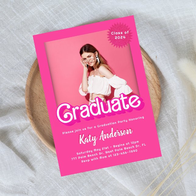 Malibu Hot Pink Doll Graduation Invitation (Creator Uploaded)