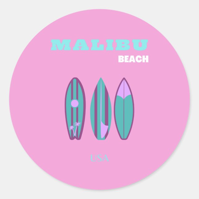 Malibu, Malibu Beach, California, Preppy, Pink Classic Round Sticker (Front)