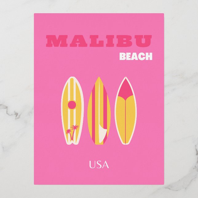 Malibu, Malibu Beach, California, Preppy, Pink Foil Holiday Postcard (Front)