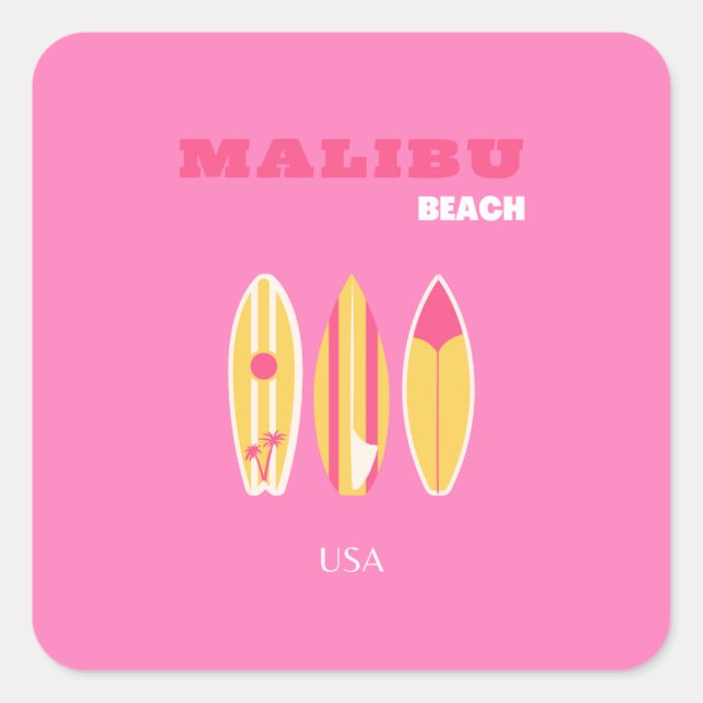 Malibu, Malibu Beach, California, Preppy, Pink Square Sticker (Front)
