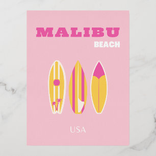 Malibu, Malibu Beach, Preppy, Pink Foil Holiday Postcard