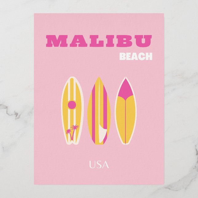 Malibu, Malibu Beach, Preppy, Pink Foil Holiday Postcard (Front)