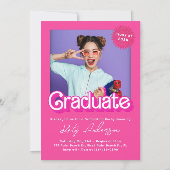 Malibu Retro Pink Doll Graduation Invitation (Front)