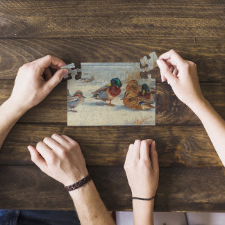 Mallard and teal in the snow, Birds Jigsaw Puzzle