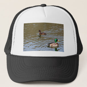 Mallard duck and tufted duck on a river trucker hat