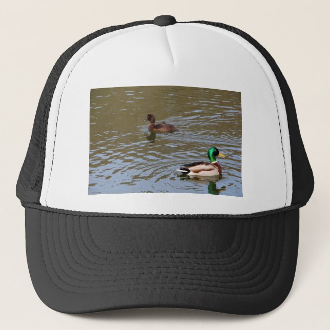 Mallard duck and tufted duck on a river trucker hat (Front)
