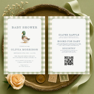 Mallard Duck Gingham Green All in One Baby Shower Invitation