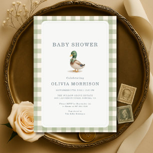 Mallard Duck Gingham Sage Green Baby Shower Invitation