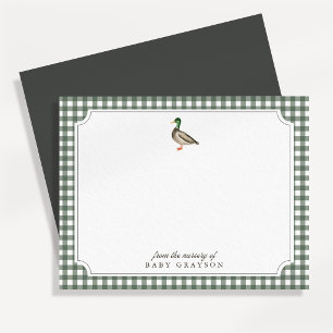 Mallard Duck Green Gingham Nursery Note Card