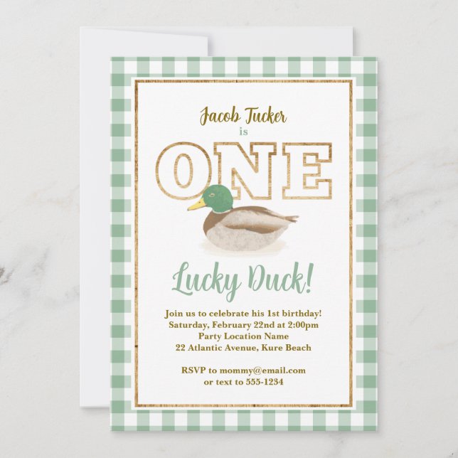 Mallard Duck Green Plaid Hunting Boy 1st Birthday Invitation (Front)