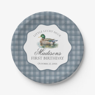 Mallard Duck Hunting Blue Gingham Boy Birthday Paper Plate