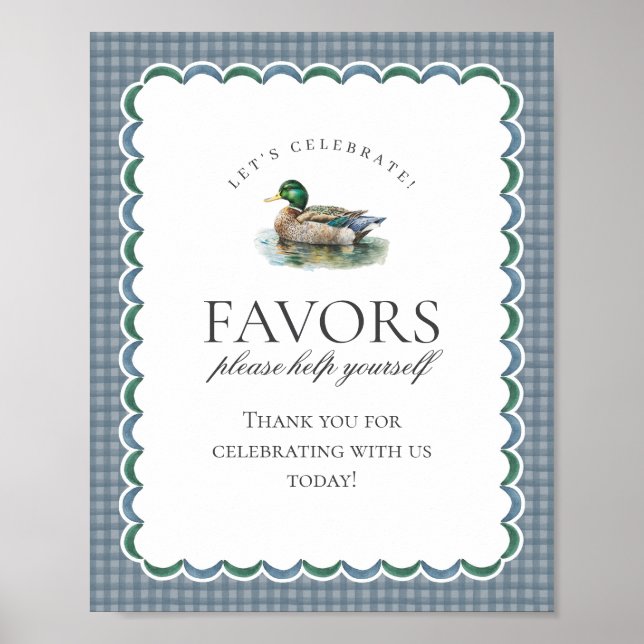 Mallard Duck Hunting Blue Gingham Favours Sign (Front)