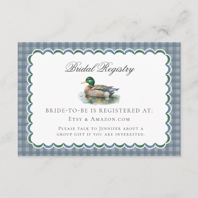 Mallard Duck Hunting Gingham Bridal Registry Card (Front)