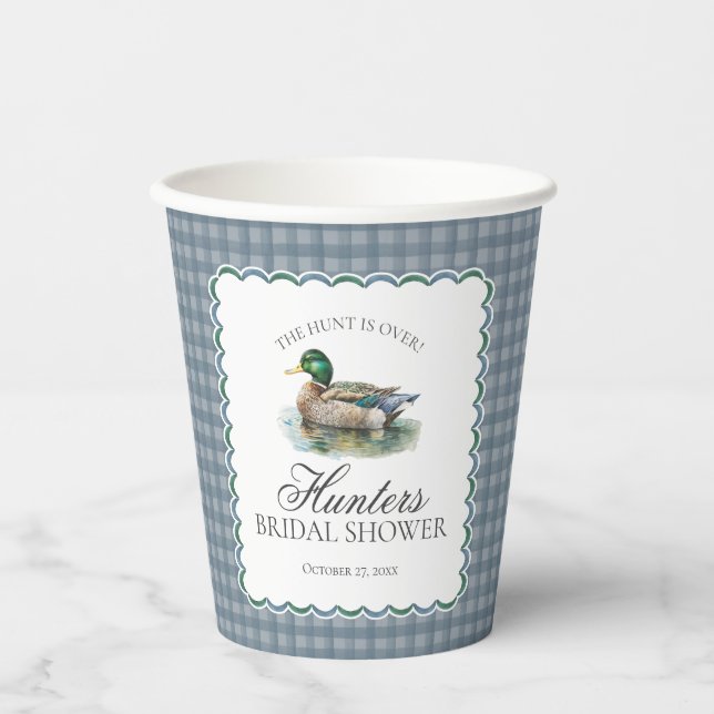 Mallard Duck Hunting Gingham Bridal Shower Paper Cups (Front)