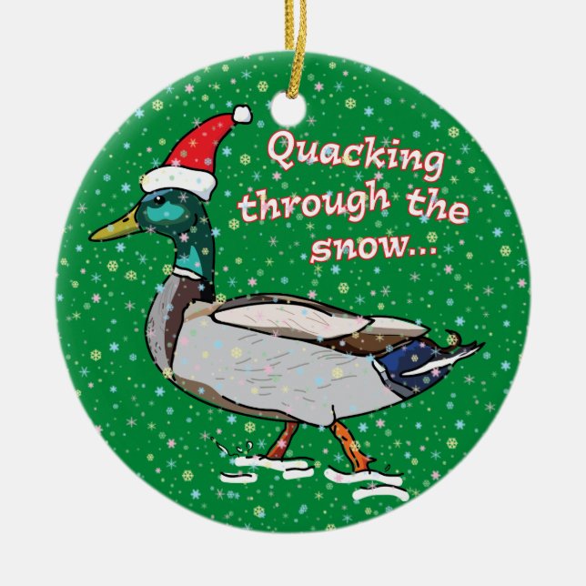 Mallard Duck in Santa Hat Quacking through Snow Ceramic Tree Decoration (Front)