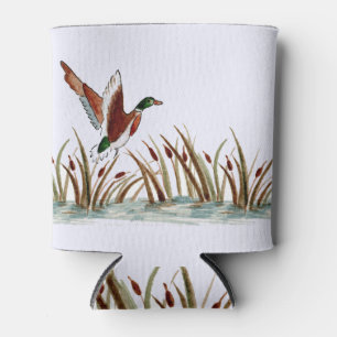 Mallard Duck Over Cattails Against a White Sky Can Cooler