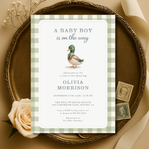 Mallard Duck Sage Green Gingham Baby Shower Invitation