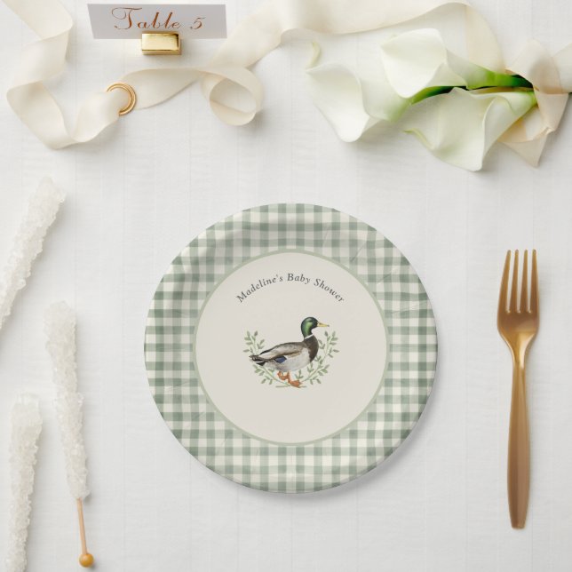 Mallard Duck Sage Green Gingham Baby Shower Paper Plate (Wedding)