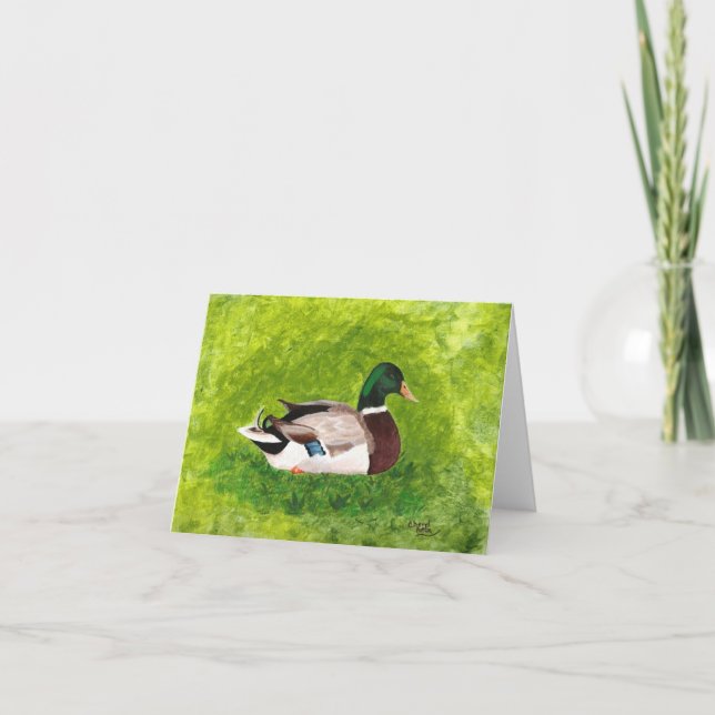 Mallard Duck Sitting in Grass Greeting Cards (Front)