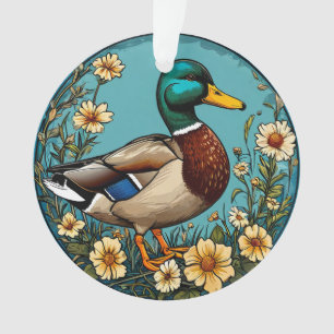 Mallard Duck Surrounded by Vibrant Flowers in a Sc Ornament