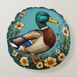 Mallard Duck with Floral Harmony Scene Round Cushion