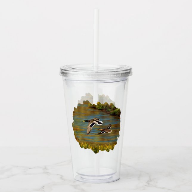 Mallard Ducks Flying Over Pond Acrylic Tumbler (Front)