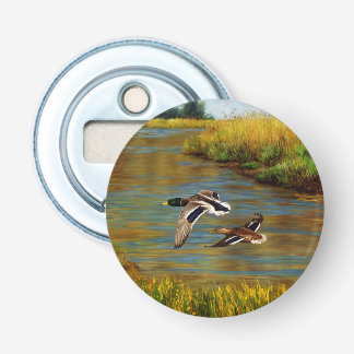 Mallard Ducks Flying Over Pond Bottle Opener