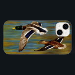 Mallard Ducks Flying Over Pond Case-Mate iPhone 14 Case<br><div class="desc">Male and female mallard ducks in flight over a golden pond,  water rippling to reflect the colours of the background autumn foliage glowing in the sunlight. Realistic artwork created from an original oil painting by wildlife artist Crista S. Forest.</div>