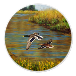 Mallard Ducks Flying Over Pond Ceramic Knob