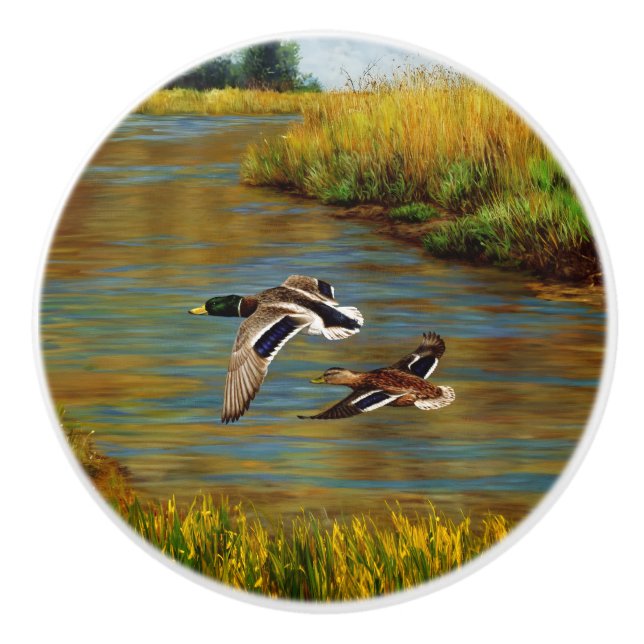 Mallard Ducks Flying Over Pond Ceramic Knob (Front)