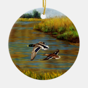 Mallard Ducks Flying Over Pond Ceramic Tree Decoration